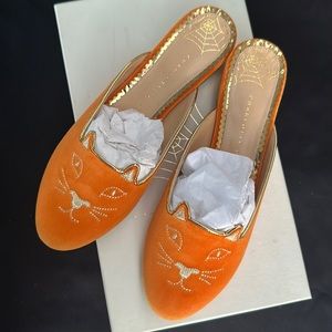 Charlotte Olympia Velvet Orange Kitty Slipper Size 7.5 (38) Brand New